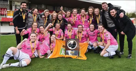  ??  ?? The Wexford Youths Women celebratin­g their developmen­t shield success in Turner’s Cross on Sunday.