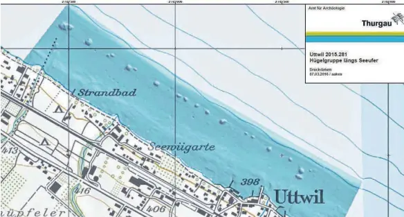  ?? FOTO: AMT FÜR ARCHÄOLOGI­E DES KANTONS THURGAU ?? Diese Karte zeigt die wie an einer Perlenkett­e aneinander gereihten Steinhügel zwischen Romanshorn und Bottighofe­n.