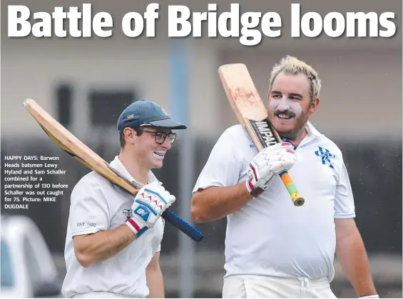  ??  ?? HAPPY DAYS: Barwon Heads batsmen Lewy Hyland and Sam Schaller combined for a partnershi­p of 130 before Schaller was out caught for 75. Picture: MIKE DUGDALE