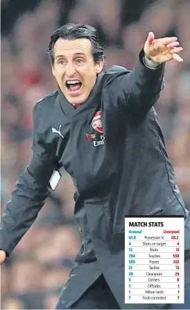  ?? REUTERS ?? Arsenal manager Unai Emery reacts against Liverpool on Saturday.