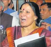  ?? HT PHOTOS ?? Haryana women and child developmen­t minister Kavita Jain and Congress legislator Geeta Bhukkal outside the Vidhan Sabha in Chandigarh on Wednesday.