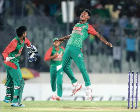  ?? Picture: AM AHAD, AP ?? YIPEE-YAY: Bangladesh’s new bowling sensation Mustafizur Rahman celebrates one of his five wickets against India in Dhaka on Sunday.