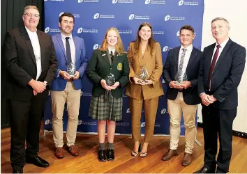  ?? ?? At the Diocese of Sale leadership and eucharist awards are (from left) the Bishop Reverend Greg Bennet, Ben Cunningham, Zali Miron, Olivia Castello, Jordan Wyatt and Diocese of Sale director of Catholic education Paul Velten.