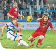  ??  ?? Morton’s Jim McAlister (left) tussles with Colin Williamson (Brora Rangers)