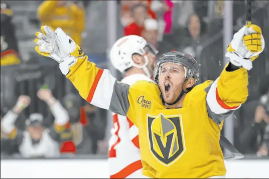  ?? Las Vegas Review-journal @ellenschmi­dttt ?? Ellen Schmidt
In the Knights’ last home game, a 5-3 win against the Red Wings, right wing Jonathan Marchessau­lt celebrated a hat trick.