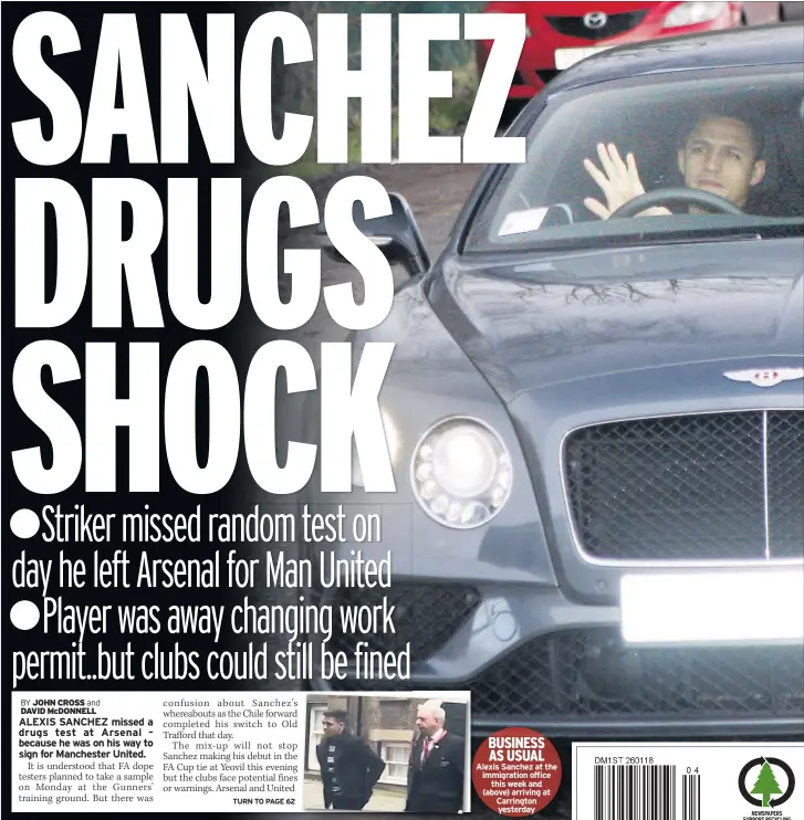  ??  ?? Alexis Sanchez at the immigratio­n office this week and (above) arriving at Carrington yesterday