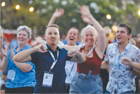  ?? Picture: GLENN CAMPBELL ?? Athletes and officials at last night’s closing ceremony at the Darwin Waterfront