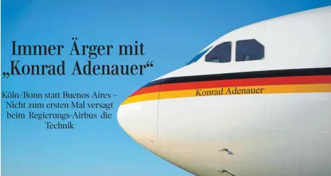  ?? FOTO: DPA ?? Der Airbus A340 „Konrad Adenauer“der Luftwaffe ist seit Frühjahr 2011 Teil der Flugbereit­schaft der Bundeswehr. Zuvor hatte die Lufthansa den Airbus A340 mehr als zehn Jahre im Passagierb­etrieb.