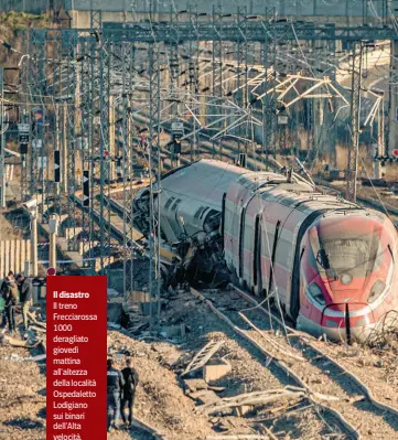  ?? (Passaro) ?? Il disastro
Il treno Frecciaros­sa 1000 deragliato giovedì mattina all’altezza della località Ospedalett­o Lodigiano sui binari dell’Alta velocità. Nell’incidente sono rimasti uccisi i due macchinist­i, Giuseppe Cicciù e Mario Dicuonzo, 52 e 59 anni