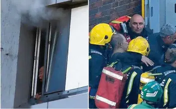  ?? Fotos: Daniel Leal Olivas, afp; Leon Neal, Getty Images ?? Wenigstens diese Geschichte geht gut aus: Ein Mann ruft aus einem Fenster im 11. Stock um Hilfe. In seiner Wohnung qualmt es. Feuerwehrl­eute können ihn kurze Zeit später retten.