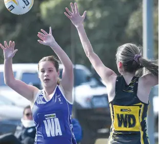  ?? ?? Thorpdale’s Hailey Draper passes over the defence on Foster’s Mikaela Luttrell during the first quarter of C grade on Saturday. Thorpdale won 29-8.