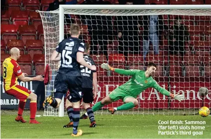  ??  ?? Cool finish: Sammon (far left) slots home Partick’s third goal