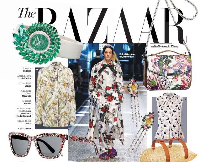  ??  ?? Chopard1. Watch, 2. LouisBag, $3,600, Vuitton 3. Top, $590, Carven 4. Earrings, $7,600, Mouawad 5. Basket, Hermès 6. Pants, about $1,953, Luisa Beccaria at Moda Operandi 7. Boot, $3,160, Gucci 8. Skirt, MSGM 9. Bag strap, Fendi 10. Bow tie, $290,...