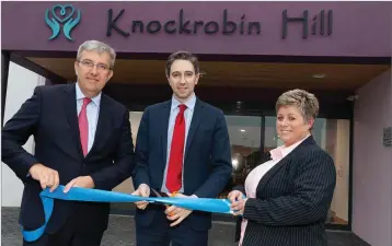  ??  ?? James White, Minister Simon Harris and Liza Crossan officially open Knockrobin Hill Care Home in Wicklow.