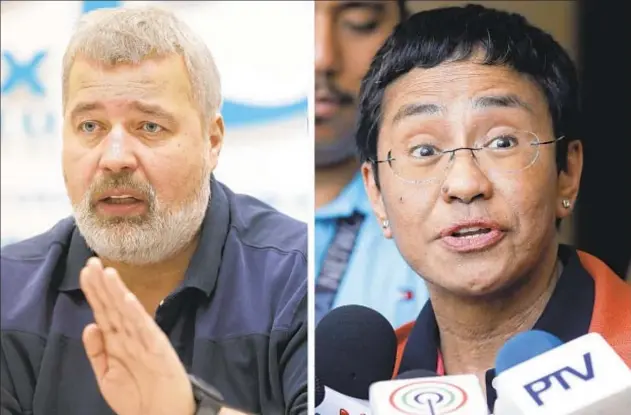  ?? AP ?? Dmitry Muratov (left), editor of Novaya Gazeta in Russia, and Maria Ressa (right), who runs Philippine­s news site Rappler, both stand for freedom of expression in increasing­ly authoritar­ian countries. Ressa, the first Filipino to win a Nobel prize, was sentenced to prison last year.