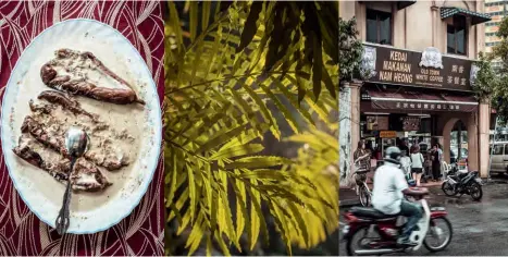  ?? Von links: Terung Asam Pedas ?? – Aubergine mit Kokosnuss; Blätter; das Café Old Town White Coffee. Rechte Seite, im Uhrzeigers­inn von oben links: Muschelger­icht auf einem Markt; Gastgeber in Gopeng; Abkühlung am Lata-Ulu-CheporWass­erfall