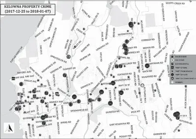  ??  ?? Maps show property crimes in Kelowna citywide, above, and the Mission area specifical­ly, below, from Dec. 25to Jan. 7. Maps provided by Central Okanagan Crime Stoppers. Next week’s maps will look at crimes in Lake Country, West Kelowna and Peachland.