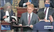 ??  ?? This screen grab from C-SPAN2 shows the moment before Sen. James Lankford, R-Oklahoma City, was told that protesters had breached the Capitol. Lankford had been addressing the Senate during debate over objections to Arizona's Electoral College results.