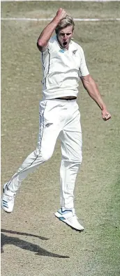  ?? Picture: GETTY IMAGES/ HAGEN HOPKINS ?? PUMPED UP: Kyle Jamieson of New Zealand celebrates the wicket of Cheteshwar Pujara of India before being given not out by the umpire during the first Test, played at the Basin Reserve in Wellington, New Zealand on Sunday.