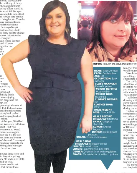  ??  ?? BEFORE Nikki, left and above, changed her life NAME: Nikki Jermain FROM: Dunfermlin­e AGE: 30 OCCUPATION: Bank manager CLASS MANAGER: Elaine Drysdale WEIGHT BEFORE: 19stone 4.5lb WEIGHT NOW: 11stone 5lb CLOTHES BEFORE: 20 CLOTHES NOW: 10/ 12 TOTAL...
