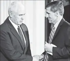  ??  ?? Moscow mess: Flynn (r) reportedly lied to Pence about Russia contacts.