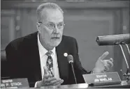  ?? MEL EVANS/AP FILE PHOTO ?? In this April 30, 2015 file photo, State Sen. Jim Whelan, D-Northfield, N.J., asks Harvey Kesselman, acting president of Stockton University, a question as he sits in on the New Jersey Senate Budget and Appropriat­ions Committee meeting at the...