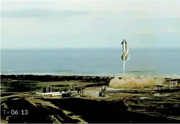  ?? SPACEX VIA AP ?? In this image from video, one of the SpaceX Starship prototypes fires its thrusters as it lands during a test in Boca Chica, Texas, on Wednesday. While the landing was successful, the Starship explodes minuted later.
