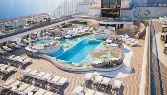  ?? COURTESY ?? The Pool Deck on Oceania Cruises’ new ship Vista due to sail in 2023.
