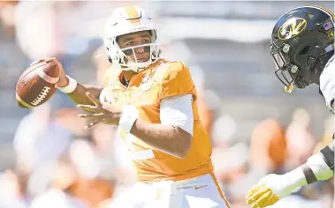  ?? CALVIN MATTHEIS/USA TODAY SPORTS ?? Jarrett Guarantano and the Vols face off with Georgia’s No. 4-ranked defense.