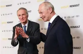  ?? BLOOMBERG PIC ?? Renault SA’s new chairman Jean-Dominique Senard (left) with chief executive officer Thierry Bollore at a news conference in Paris, France, recently.