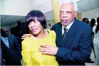  ??  ?? Former Prime Minister Portia Simpson Miller with her husband, Errol Miller, at the premiere of the documentar­y ‘Journey, Break Every Rule’ at the Carib 5 cinema on Sunday.