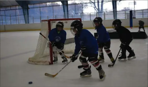  ?? BRIANA CONTRERAS — THE MORNING JOURNAL ?? Youngsters in the AJ Vincent Beginners Program of the Elyria Panthers Ice Hockey Club work on their puck skills in a cross-ice hockey game.