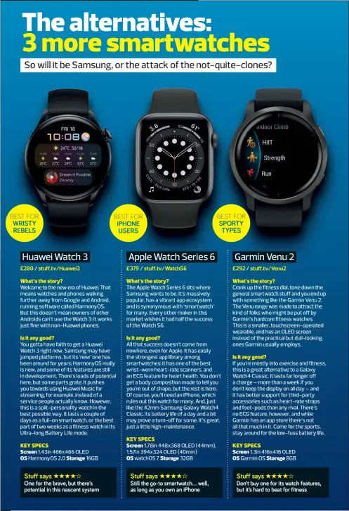  ?? ?? Stuff says HHHH✩ One for the brave, but there’s potential in this nascent system Stuff says HHHH✩ Still the go-to smartwatch… well, as long as you own an iphone Stuff says HHHH✩ Don’t buy one for its watch features, but it’s hard to beat for fitness