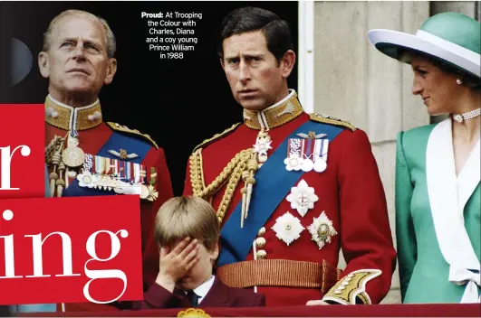  ??  ?? Proud: At Trooping the Colour with Charles, Diana and a coy young Prince William in 1988