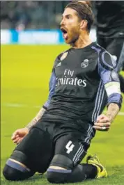  ?? REUTERS ?? Madrid's Sergio Ramos celebrates scoring their second goal against Napoli on Tuesday.