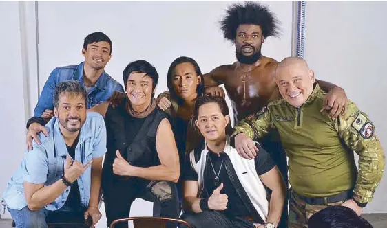  ??  ?? Ronnie Ricketts (third from left) stars in Exit Point, his comeback movie with (from left) Alvin Anson, Neil Perez, Jerico Estregan, Jayson Garcia, NigerianJa­maican footballpl­ayer/model Joachim Idinye and Renzo Cruz…