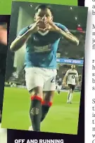  ??  ?? OFF AND RUNNING Lundstram sees red after silly foul, top, but is bailed out when Morelos scores only goal then races away to celebrate it with Wright, left, as he sends message to his watching fans, above