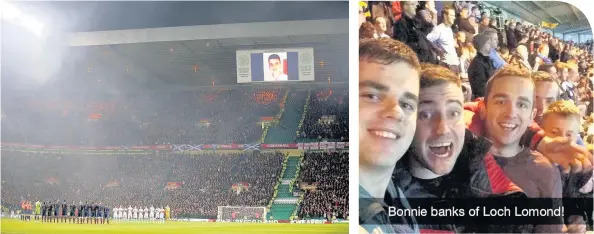  ??  ?? TRIBUTE Fans remember Nathan at England v Scotland friendly at Celtic Park. Right, Nathan, front, at Scotland v Ireland game where he fell to his death