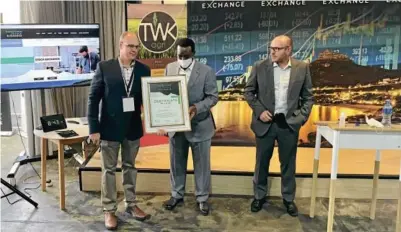  ?? Picture: ANTHONY CLARK ?? L-R: TWK Investment­s CEO Andre Myburgh, Tshepo Mahloele, chairman of Lebashe Investment Group, and Eugene Booysen,