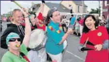  ??  ?? Amba Cuisle drummers from Tralee; Tobe Wong, Ted Moynihan, Jason Griffin, Elayne Van Keulen and Maria McCarthy at the Castlegrge­ory Summerfest Parade.