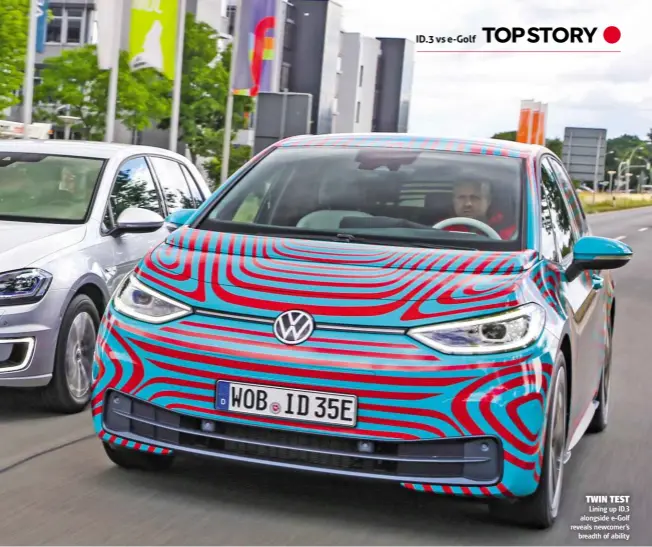  ??  ?? TWIN TEST Lining up ID.3 alongside e-Golf reveals newcomer’s breadth of ability