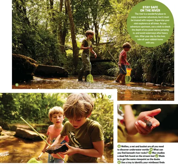  ??  ?? G Wellies, a net and bucket are all you need to discover underwater worlds H What can you find beneath river rocks? I Max studies a dead fish found on the stream bed J Wade in to get the same viewpoint as the ducks
K Use a tray to identify your minibeast finds