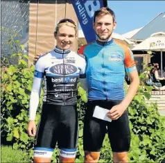  ??  ?? TOUGH COMPETITOR­S: Anriette Schoeman and Brad Gouveris after winning the women’s and men’s categories of the NMB District Cycle Tour on Sunday