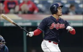  ?? TONY DEJAK — THE ASSOCIATED PRESS ?? The Indians’ Michael Brantley watches his sacrifice fly in the third inning against the Mariners. Jason Kipnis scored on the play.