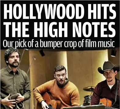  ??  ?? Village people: Oscar Isaac, Justin Timberlake and Adam Driver strum their stuff in Inside Llewyn Davis