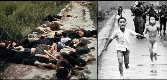  ??  ?? Indelible images: from left, My Lai, 1968; napalm attack, 1972; street execution, Saigon, 1968; North Vietnamese troops enter Saigon, April 30, 1975.