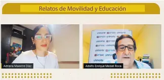  ??  ?? Momento de la transmisió­n por Youtube de la presentaci­ón del libro ‘Relatos, movilidad y educación’, a cargo de Adriana Maestre Díaz.