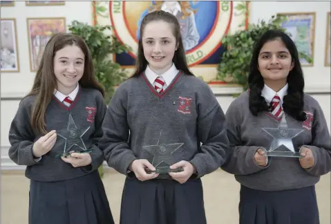  ??  ?? Gold merit award winners at Loreto Secondary School: Alice O’Doherty, Sarah Farrell and Akhila Bhairanje.