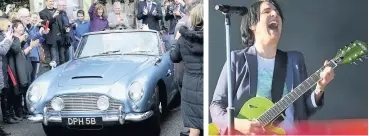  ??  ?? FLASH WHEELS Couple leave church in Chris Evans’s Aston Martin. Above, Sharleen on stage