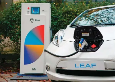  ??  ?? ⇩ A 100 per cent electric car, Nissan Leaf, proving to be the world’s all-time bestsellin­g highwaycap­able electric car, is providing technology to an electric bus that aims to lower costs.